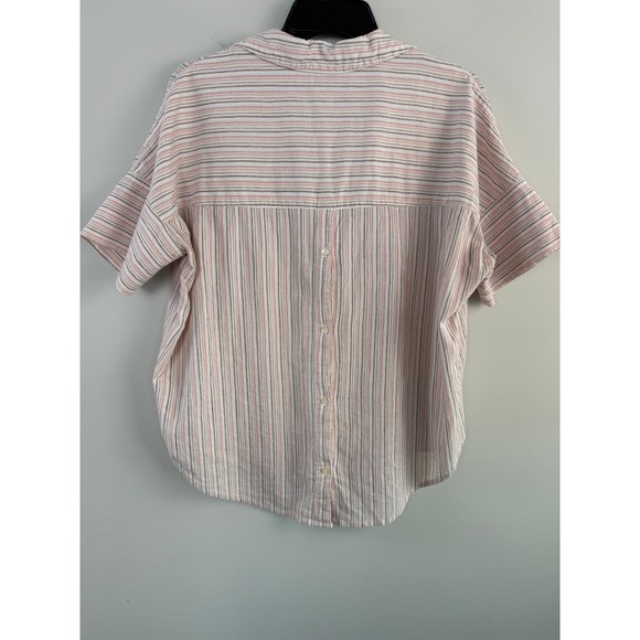 Madewell Pink Striped Oversized V-Neck Button-Down Shirt Women's Size S - Picture 2 of 3